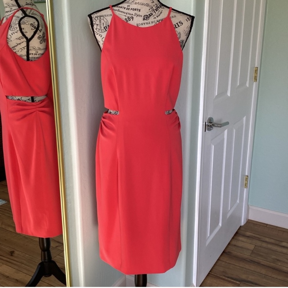 Badgley Mischka Crepe/Sleeveless Midi with High Neckline! “persimmon color”